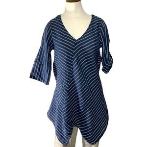 𝅺lungo Larno Costal Lagenlook  Linen Blue White Stripe Asymmetrical Tunic Top S